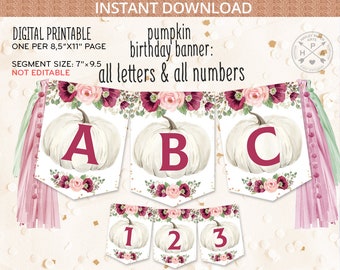 Op de afbeelding: Printbare pompoen verjaardagsbanners met witte pompoenen en bordeauxrode bloemen. De banner bevat de letters A, B, C en de nummers 1, 2, 3. De banner is 17,8 cm bij 24,1 cm en is niet bewerkbaar.