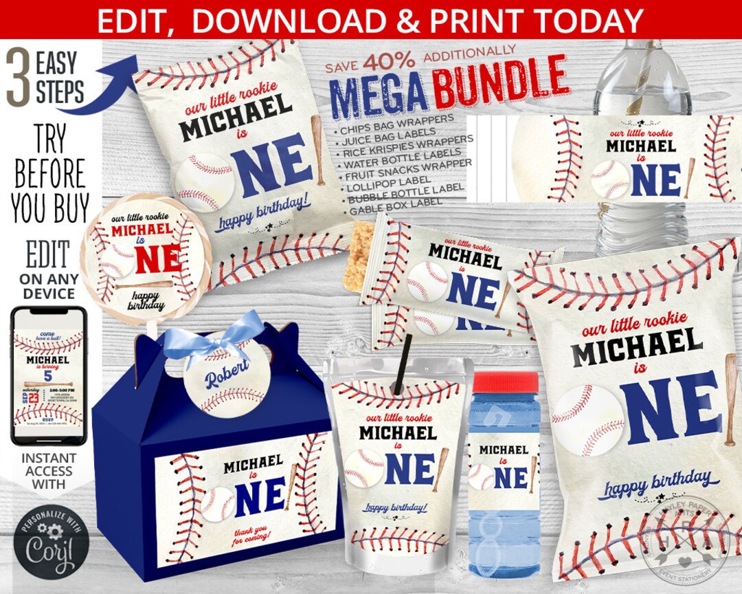 Baseball Birthday Party Pack, MEGA BUNDLE, Chips Bags, Juice, Krispies ...