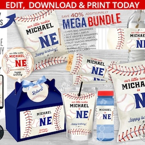 Baseball Geburtstags-Partypackung, MEGA BUNDLE, Chipstüten, Saft, Krispiesverpackungen, Snacks für Tags Etiketten. Bearbeitbare Druckdateien. 191HPA 65