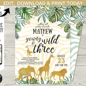 Jungle birthday invitation young wild three gold safari boy 3rd party animals elephant lion giraffe. Printable template. Editable. 040HPA 03