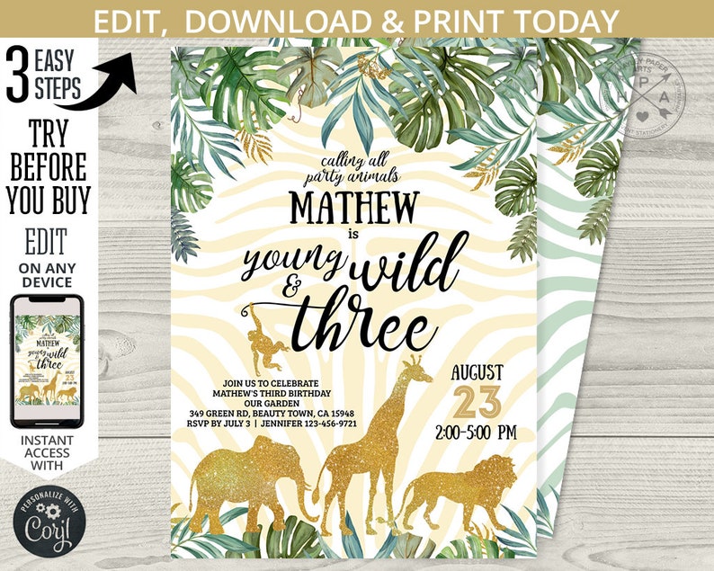 Jungle birthday invitation young wild three gold safari boy 3rd party animals elephant lion giraffe. Printable template. Editable. 040HPA 03 image 1