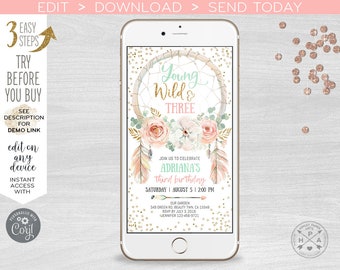 Young wild three dreamcatcher electronic invitation blush pink birthday smartphone e-vite, digital invite. Selfediting. E035 02 035HPA