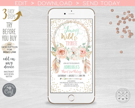 Young wild three dreamcatcher electronic invitation blush pink birthday smartphone e-vite, digital invite. Selfediting 400HPA E035 02 035HPA Il_570xn