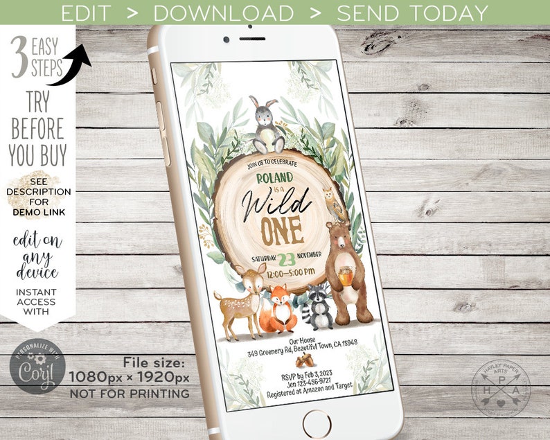May include: A digital invitation for a first birthday party with a woodland theme. The invitation features a brown bear, a deer, a fox, a raccoon, and an owl. The text on the invitation reads "Joins us to celebrate Roland is a Wild One" and includes the date and time of the party. The invitation is set against a background of green leaves and a wooden tree trunk.