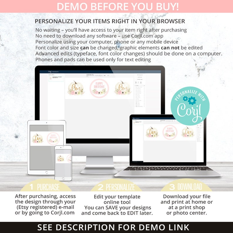May include: A digital product design displayed on various devices, including a desktop computer, tablet, and smartphone. The design features floral elements and the text "Happy Birthday" and "One". The image also includes instructions for purchase, personalization, and download.