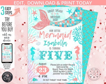 May include: A printable mermaid-themed birthday invitation with a pink and turquoise color scheme. The invitation features a mermaid tail with glitter, a seahorse, and coral. The text reads "Splish Splash it's a Birthday Bash, Our Little Mermaid Isabella is turning Five, August 23, 4 PM, Please join us under the sea, 349 Coral Rd, Beach Town, CA 15948, RSVP by Nov 3, 2019, Jennifer 123-456-9721, Do Not Forget Your Towel".