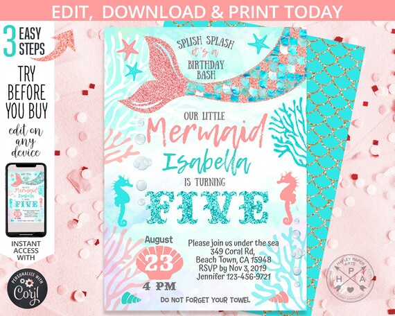 Mermaid birthday under the sea party turquoise coral mint aqua invitation girl summer party invite invitations. Editable template. 160HPA 05 Il_570xn
