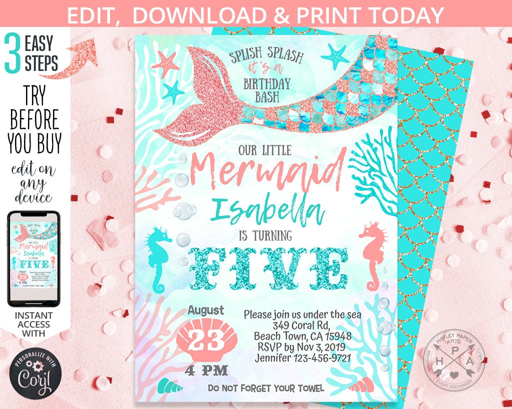 Mermaid Birthday Under The Sea Party Turquoise Coral Mint Aqua Etsy
