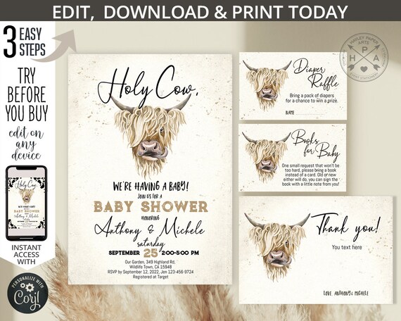 Holy cow baby shower invitation set highland cow boho ranch farm. Bundle insert raffle book thank you cards. Editable printables. 210HPA 97 Il_570xn