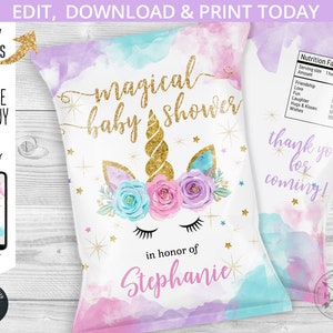 May include: A printable chip bag design for a baby shower. The design features a unicorn with a gold horn, pink and blue flowers, and the text "magical baby shower". The bag also includes the text "thank you for coming!" and "in honor of Stephanie".