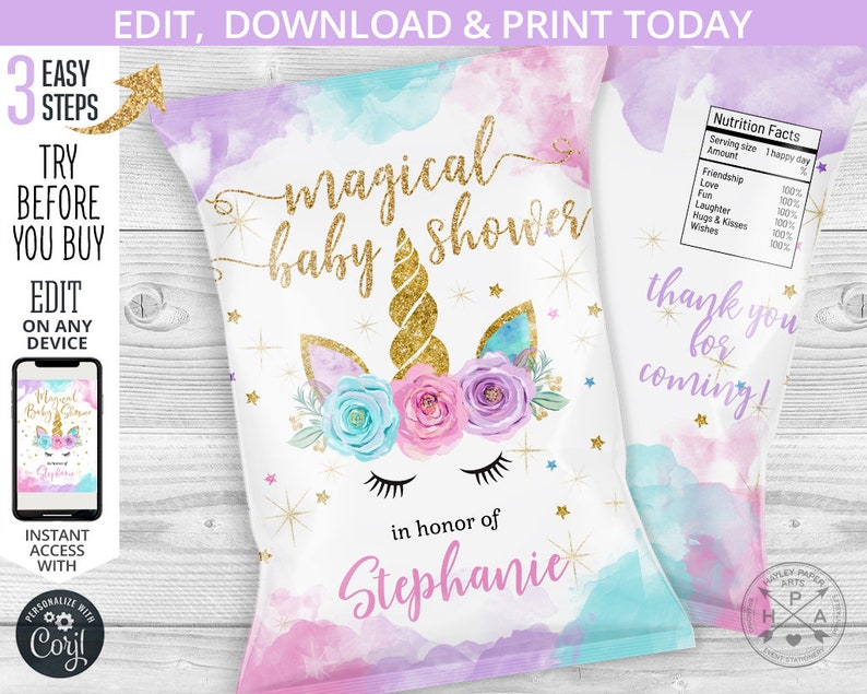 May include: A printable chip bag design for a baby shower. The design features a unicorn with a gold horn, pink and blue flowers, and the text "magical baby shower". The bag also includes the text "thank you for coming!" and "in honor of Stephanie".