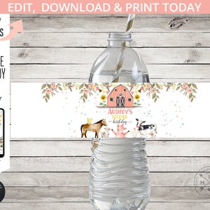 Farm animals water bottle labels pink barn girl any age birthday barnyard country pig cow horse party label. Online template. 152HPA 12 A