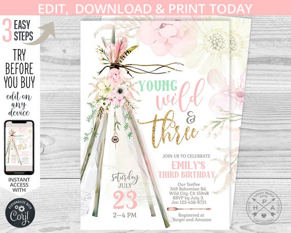 TeePee boho young wild three invitation, third birthday 3rd party pink bohemian chic tee pee invite. Printable editable template 107HPA 04 Il_570xn