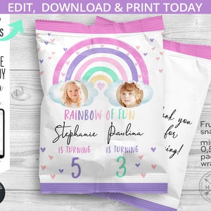 May include: Printable rainbow-themed snack bag wrappers with a photo frame, hearts, and the text "Rainbow of Fun" with two names and ages. The text "Thank you for coming!" is on the right side of the wrapper.