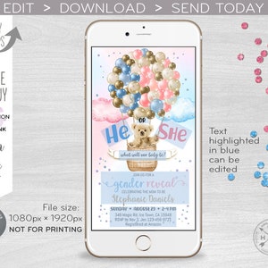 Bear balloons gender reveal baby electronic shower party hot air balloon invitation he she smartphone e-vite digital invite. E195 01 195HPA image 2