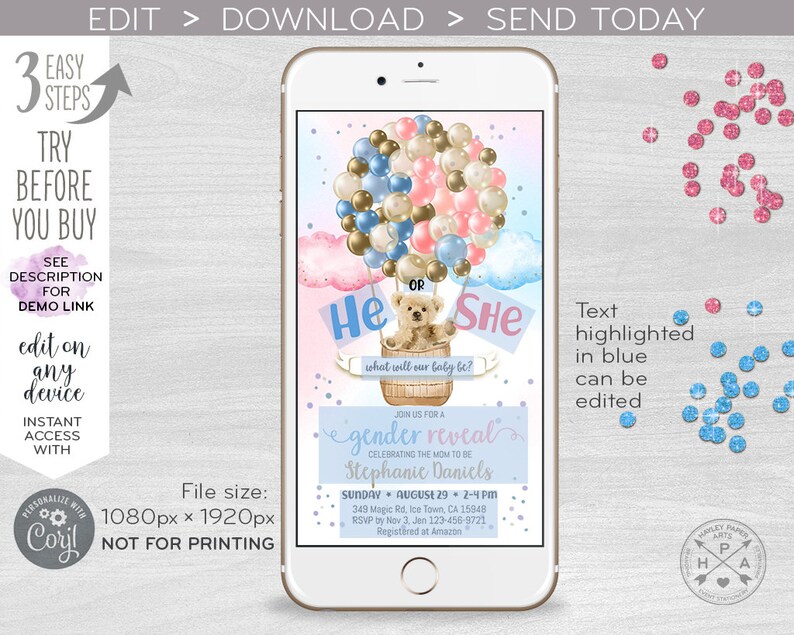 Bear balloons gender reveal baby electronic shower party hot air balloon invitation he she smartphone e-vite digital invite. E195 01 195HPA image 2