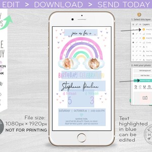 May include: A smartphone displays a birthday invitation with a rainbow design, two photos, and event details. The invitation includes the text "Birthday Celebration" and "Stephanie Paulina is turning 5 & 3." The file size is 1080px x 1920px. The text is highlighted in blue and can be edited.