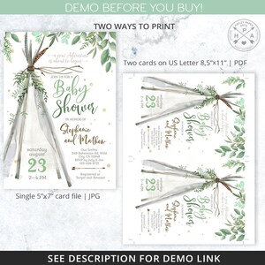 May include: A printable baby shower invitation with a teepee design. The invitation is decorated with watercolor greenery and gold accents. The text on the invitation reads "Join us for a Baby Shower in honor of Stephanie and Mathew. Saturday, August 23, 2-4 PM. Our TeePee 349 Bohemian Rd. Wild City, CA 15948. RSVP by July 3, Jen 123-456-9721. Registered at Target and Amazon."