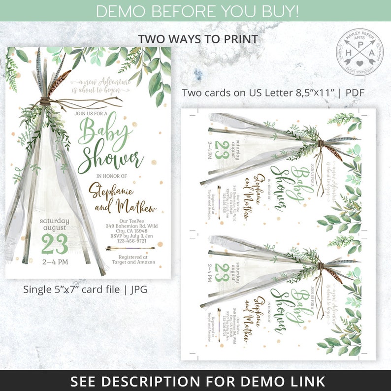 May include: A printable baby shower invitation with a teepee design. The invitation is decorated with watercolor greenery and gold accents. The text on the invitation reads "Join us for a Baby Shower in honor of Stephanie and Mathew. Saturday, August 23, 2-4 PM. Our TeePee 349 Bohemian Rd. Wild City, CA 15948. RSVP by July 3, Jen 123-456-9721. Registered at Target and Amazon."