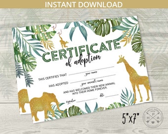 Certificate of adoption adopt an animal game jungle card birthday 5x7 printable safari favor. Instant download. NOT EDITABLE. 040HPA 25 04D