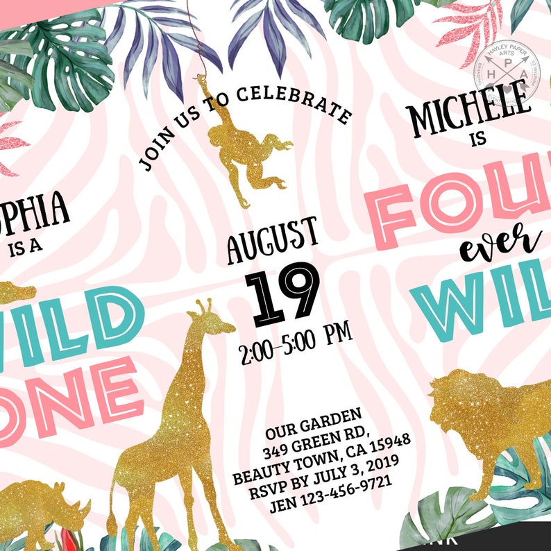 Jungle joint Wild ONE FOUR aver Wild birthday invitation safari dual sisters girls siblings party animals. Editable printable. 041HPA 62 image 6