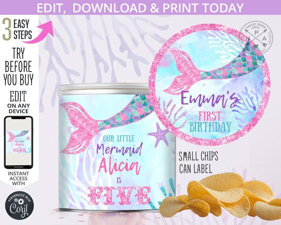 Mermaid mini chips can label under the sea birthday pink glitter girl snacks party favor. Editable template. Instant download. 060HPA 35 C Il_570xn