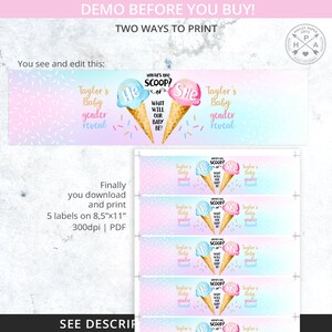 Ice cream what's the scoop gender reveal baby shower party water bottle label, blue pink icecream decor. Editable printable. 163HPA 12 A image 4