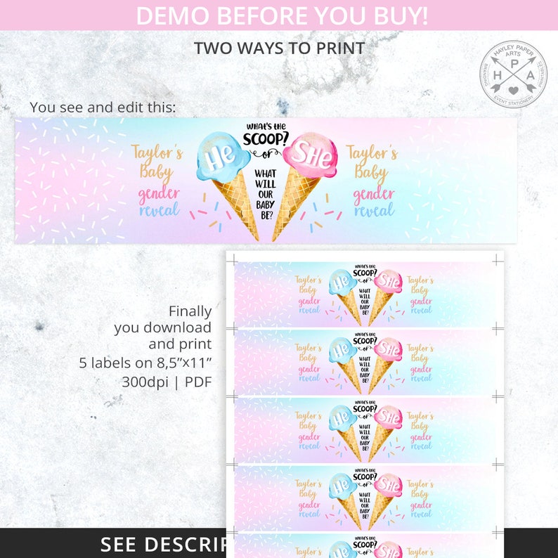 Ice cream what's the scoop gender reveal baby shower party water bottle label, blue pink icecream decor. Editable printable. 163HPA 12 A image 4