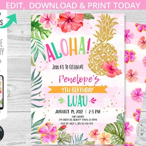 May include: A pink and green luau party invitation with a pineapple, flowers, and the text "Aloha! Join us to celebrate Penelope's 4th Birthday Luau August 19, 2022 | 2-5 PM Our Garden 349 Green Rd, Beauty Town, CA 15918 RSVP by July 3, Jen 123-456-9721"