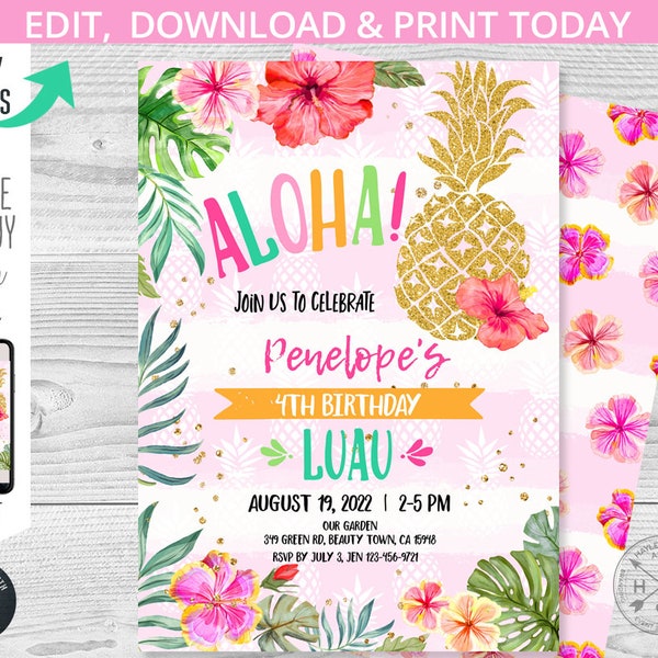 Hawaiian pineapple birthday invitation luau aloha tropical invite pool party first any age. Instant access to editable template. 187HPA 03