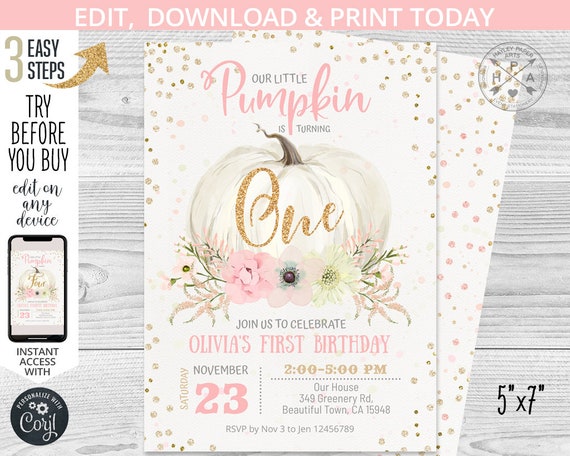 Pumpkin first birthday ONE invitation pink pastel floral gold glitter girl fall 1st party invite invitations. Editable template. 083HPA 01 Il_570xn