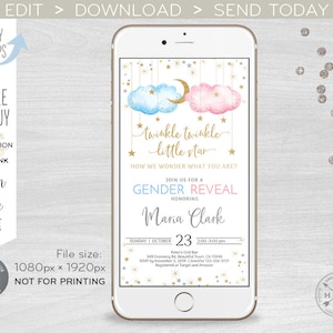 Twinkle twinkle little star gender reveal blue pink clouds stars party baby shower electronic invitation smartphone e-vite. E177 01 177HPA