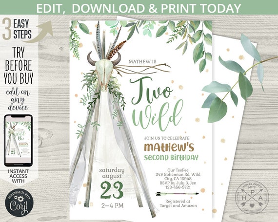 TeePee two wild invitation, second birthday 2nd bull skull party greenery arrows tee pee invite. Printable editable template. 140HPA 02 Il_570xn