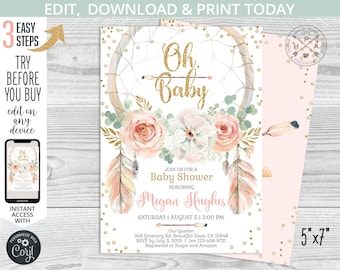 Boho baby shower Oh Baby dreamcatcher invitation pink gold boho girl party bohemian invite Instant access to the EDITABLE template 222HPA 02