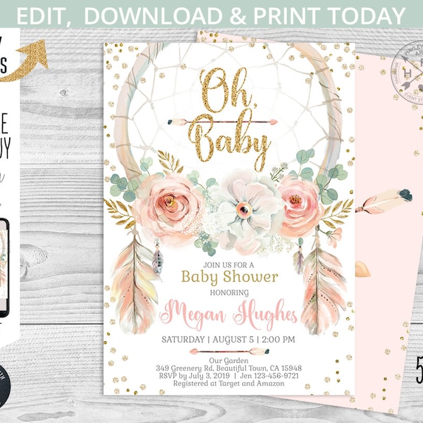 Boho baby shower Oh Baby dreamcatcher invitation pink gold boho girl party bohemian invite Instant access to the EDITABLE template 222HPA 02