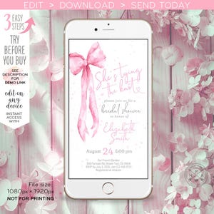May include: A pink and white digital invitation for a bridal shower. The invitation features a watercolor illustration of a pink bow and the text "She's tying the knot". The invitation also includes the bride's name, the date and time of the shower, and the location.
