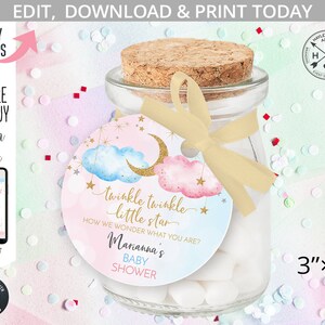 Twinkle twinkle little star tag gender reveal baby shower gunst label bedanklabels. Blauwroze wolkensterren rond cirkel 3"x3". 177HPA 21 B