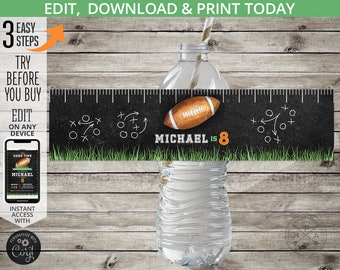 Football birthday water bottle label sports games boy party gridiron any age ball all stars bottle wrapper. Editable printable. 217HPA 12 D