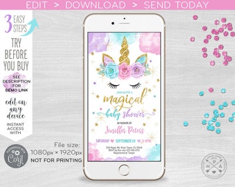 Unicorn baby shower invitation evite magical electronic, smartphone e-vite, message digital invite. Selfediting template. E056 A 056HPA