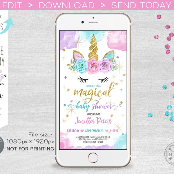 Unicorn baby shower invitation evite magical electronic, smartphone e-vite, message digital invite. Selfediting template. E056 A 056HPA