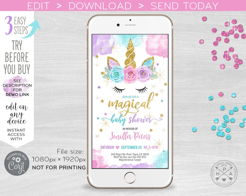 Unicorn baby shower invitation evite magical electronic, smartphone e-vite, message digital invite. Selfediting template. E056 A 056HPA image 1