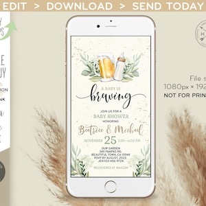 Pu&ograve; includere: Un invito digitale per una baby shower con un'illustrazione di una birra e un biberon. L'invito dice "Un bambino sta per nascere" e include i nomi "Beatrice & Michael" e la data "25 novembre".