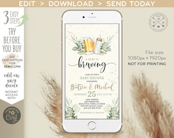 A baby is brewing electronic baby shower invitation beer milk rustic ivory smartphone e-vite, digital selfediting invite. E173 03 173hpa