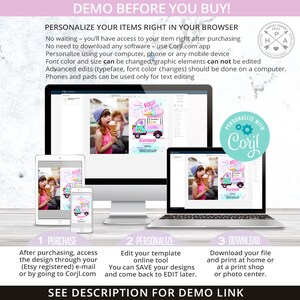 May include: A digital invitation template for a 4th birthday party with an ice cream truck theme. The template features a pink and blue ice cream truck with a girl holding an ice cream cone. The text on the invitation says "Four Ice Cream" and "Elizabeth". The template can be personalized with Corjl.com.