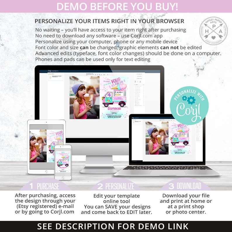 May include: A digital invitation template for a 4th birthday party with an ice cream truck theme. The template features a pink and blue ice cream truck with a girl holding an ice cream cone. The text on the invitation says "Four Ice Cream" and "Elizabeth". The template can be personalized with Corjl.com.