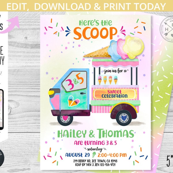 Ice cream joint birthday here's the scoop invitation double boy girl sister brother party icecream invitations. Editable template. 118HPA 10