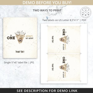 May include: Two printable labels featuring a Highland cow with the text "I'm One" and "Holy Cow! Anthony's First Birthday". The labels are designed for a first birthday party and can be printed on US Letter size paper or as a single 5x6 inch label.