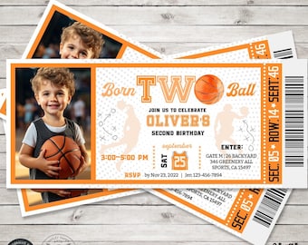 May include: Basketball-themed birthday invitation, featuring a photo of a child holding a basketball. The invitation is designed to resemble a ticket, with orange and white accents. Text includes "Born Two Ball" and event details.