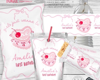 Paquete de primer cumpleaños con pastel de lazo rosa coqueto, las niñas quieren ser UNA, etiquetas divertidas para botellas de agua, jugo y bolsas de papas fritas, imprimibles editables. 271HPA 42