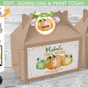 EDITABLE Pumpkin gable gift box labels and tags. Handle favor takeway box stickers Pumpkin patch birthday bash. Instant download 079HPA 28 B